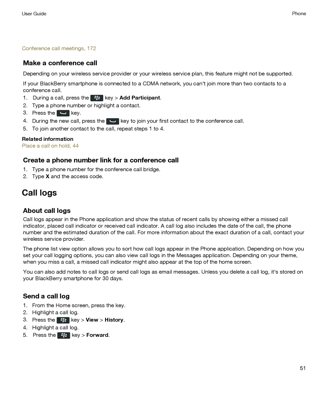 Blackberry P'9981 Call logs, Make a conference call, Create a phone number link for a conference call, About call logs 