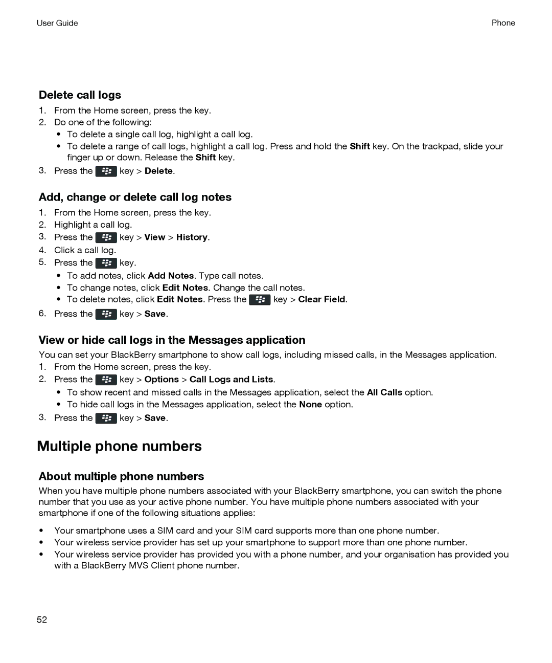 Blackberry P'9981 manual Multiple phone numbers, Delete call logs, Add, change or delete call log notes 