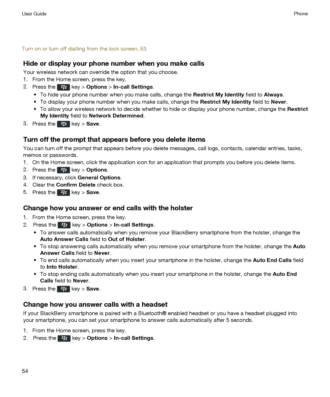 Blackberry P'9981 manual Hide or display your phone number when you make calls, Change how you answer calls with a headset 