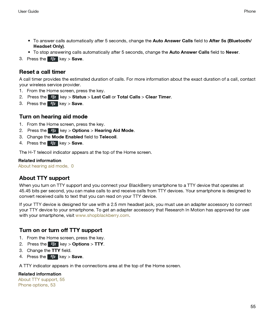 Blackberry P'9981 manual Reset a call timer, Turn on hearing aid mode, About TTY support, Turn on or turn off TTY support 