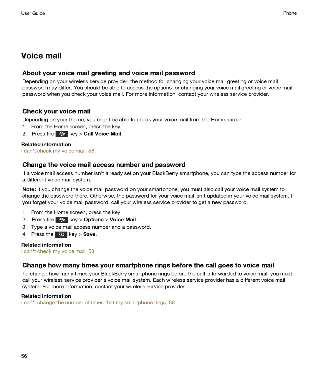 Blackberry P'9981 manual Voice mail, About your voice mail greeting and voice mail password, Check your voice mail 