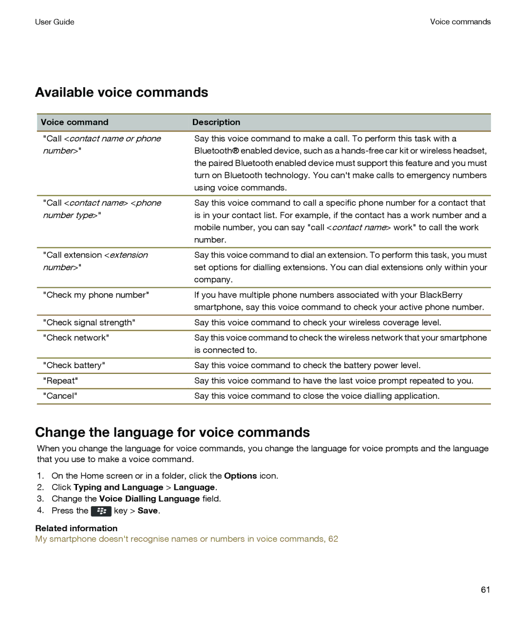 Blackberry P'9981 manual Available voice commands, Change the language for voice commands, Voice command Description 