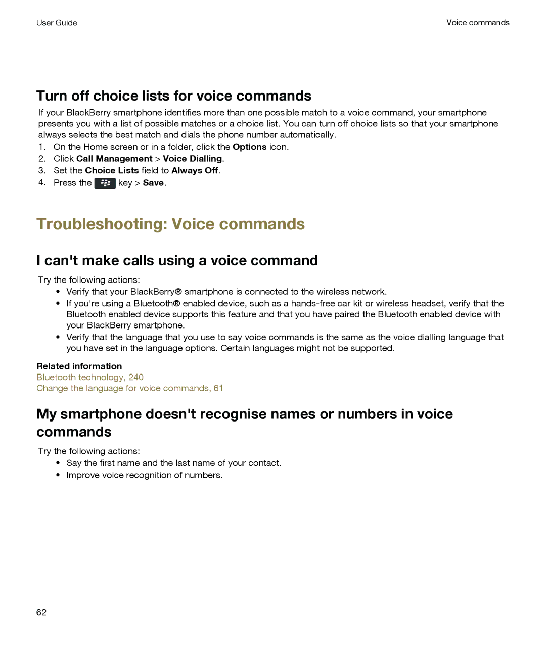 Blackberry P'9981 manual Troubleshooting Voice commands, Turn off choice lists for voice commands 