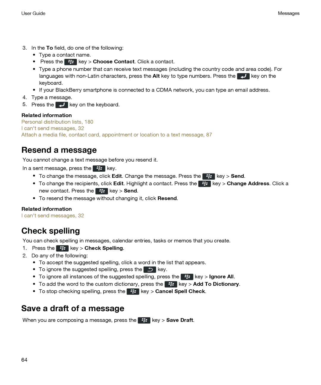 Blackberry P'9981 manual Resend a message, Check spelling, Save a draft of a message 