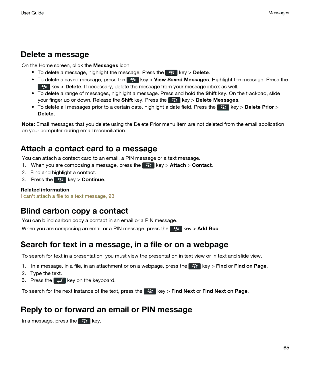 Blackberry P'9981 manual Delete a message, Attach a contact card to a message, Blind carbon copy a contact 