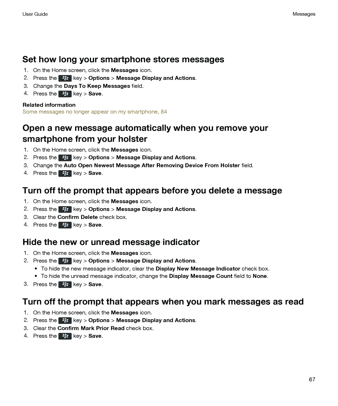 Blackberry P'9981 manual Set how long your smartphone stores messages, Hide the new or unread message indicator 