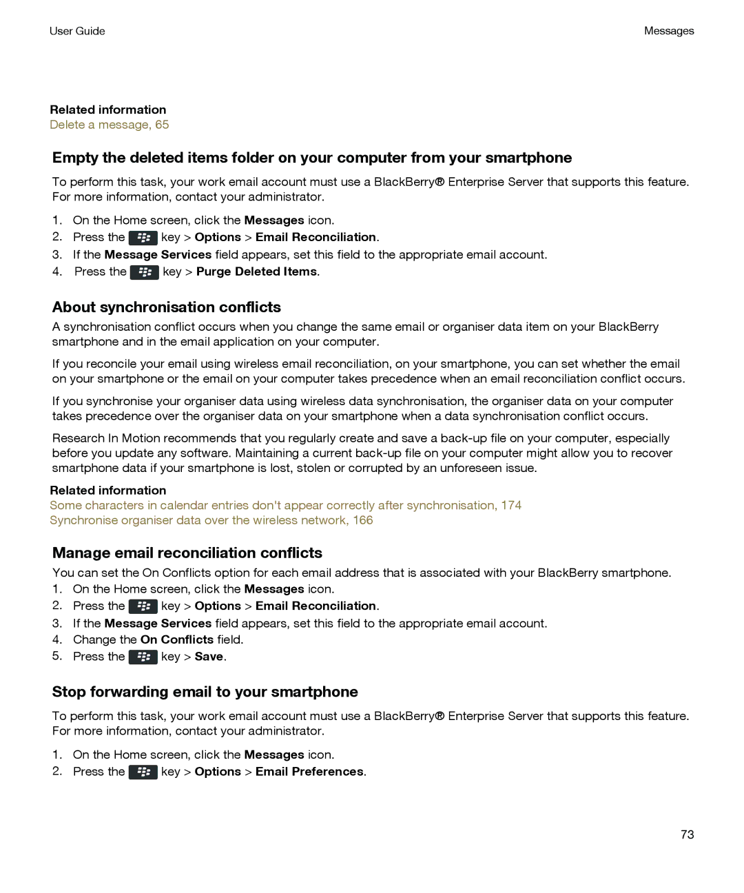 Blackberry P'9981 manual About synchronisation conflicts, Manage email reconciliation conflicts 