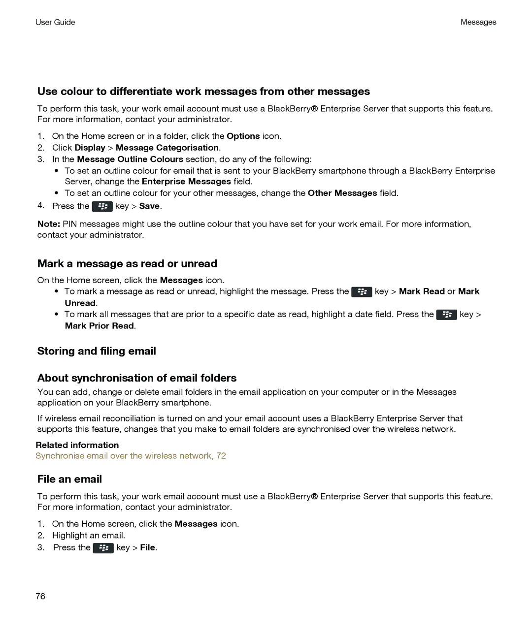 Blackberry P'9981 manual Mark a message as read or unread, File an email, Click Display Message Categorisation 