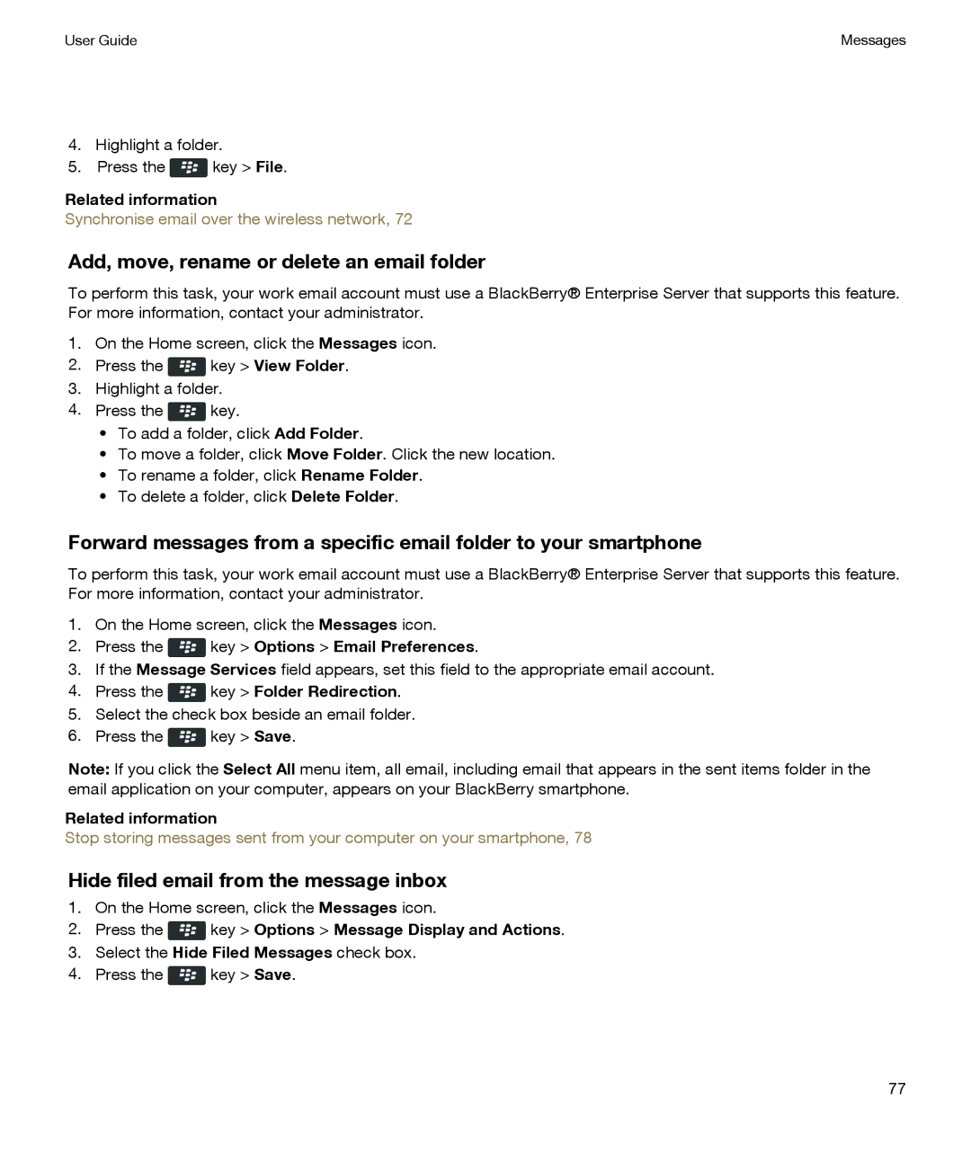 Blackberry P'9981 manual Add, move, rename or delete an email folder, Hide filed email from the message inbox 