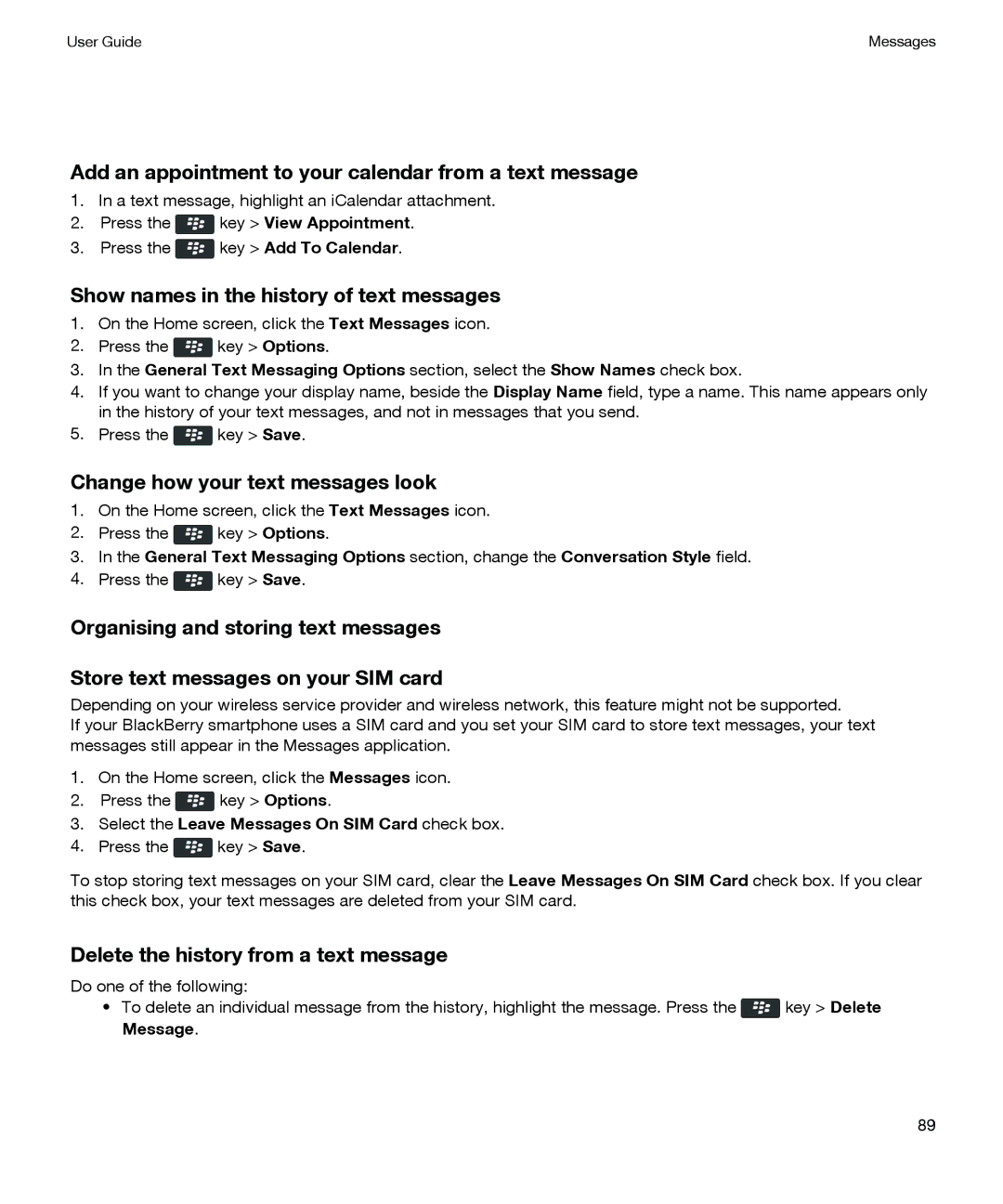 Blackberry P'9981 Add an appointment to your calendar from a text message, Show names in the history of text messages 