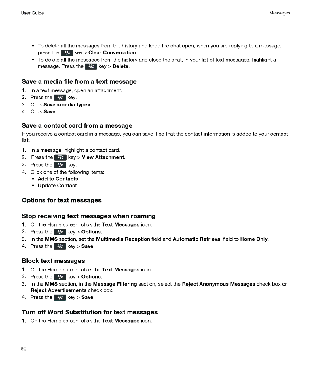 Blackberry P'9981 manual Save a media file from a text message, Save a contact card from a message, Block text messages 