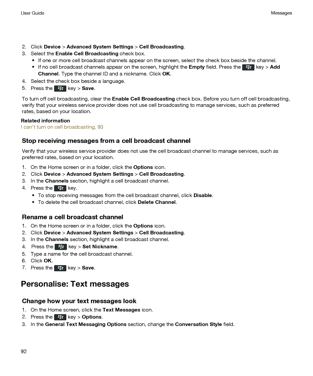 Blackberry P'9981 manual Personalise Text messages, Stop receiving messages from a cell broadcast channel 