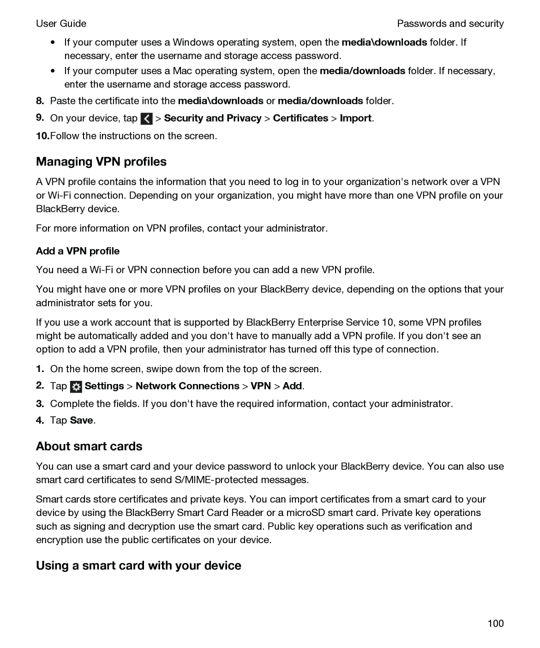 Blackberry P'9982 manual Managing VPN profiles, About smart cards, Using a smart card with your device, Add a VPN profile 