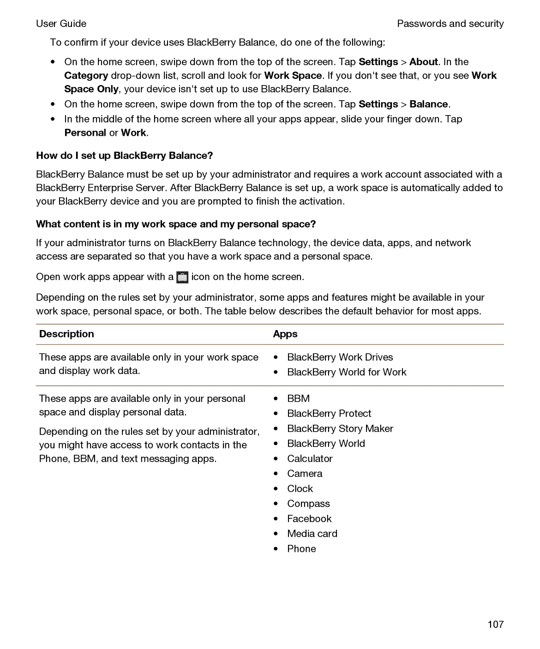 Blackberry P'9982 manual How do I set up BlackBerry Balance?, What content is in my work space and my personal space? 