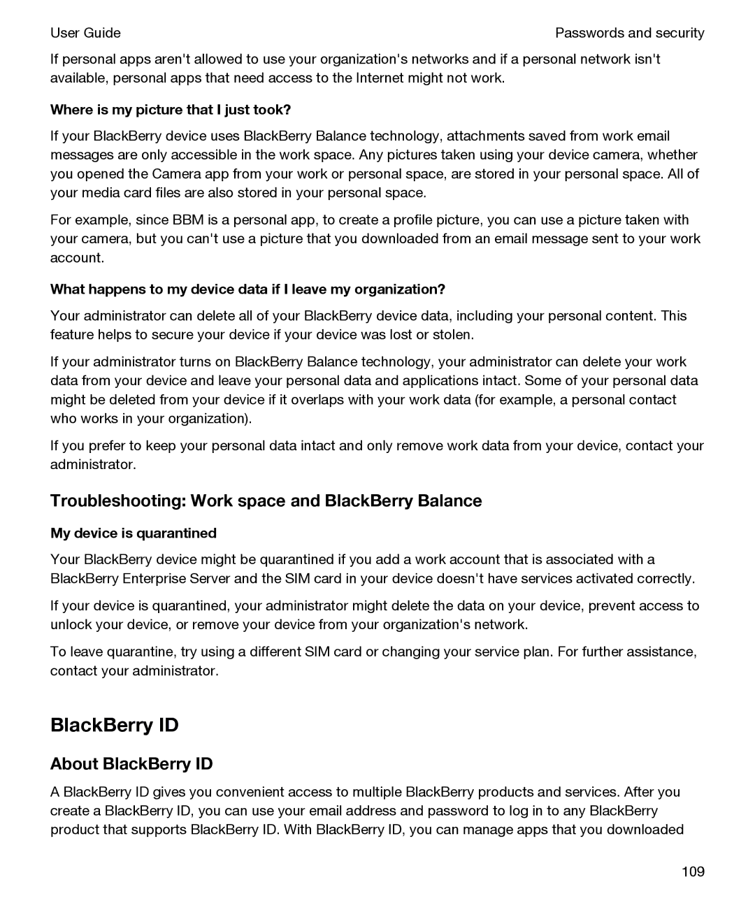 Blackberry P'9982 Troubleshooting Work space and BlackBerry Balance, About BlackBerry ID, My device is quarantined 