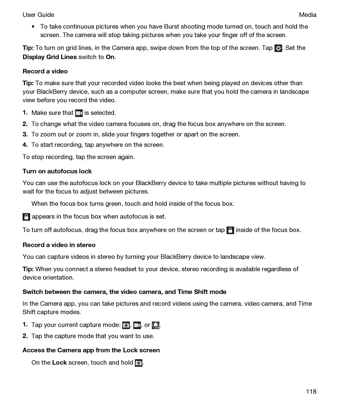 Blackberry P'9982 manual Turn on autofocus lock, Record a video in stereo, Access the Camera app from the Lock screen 