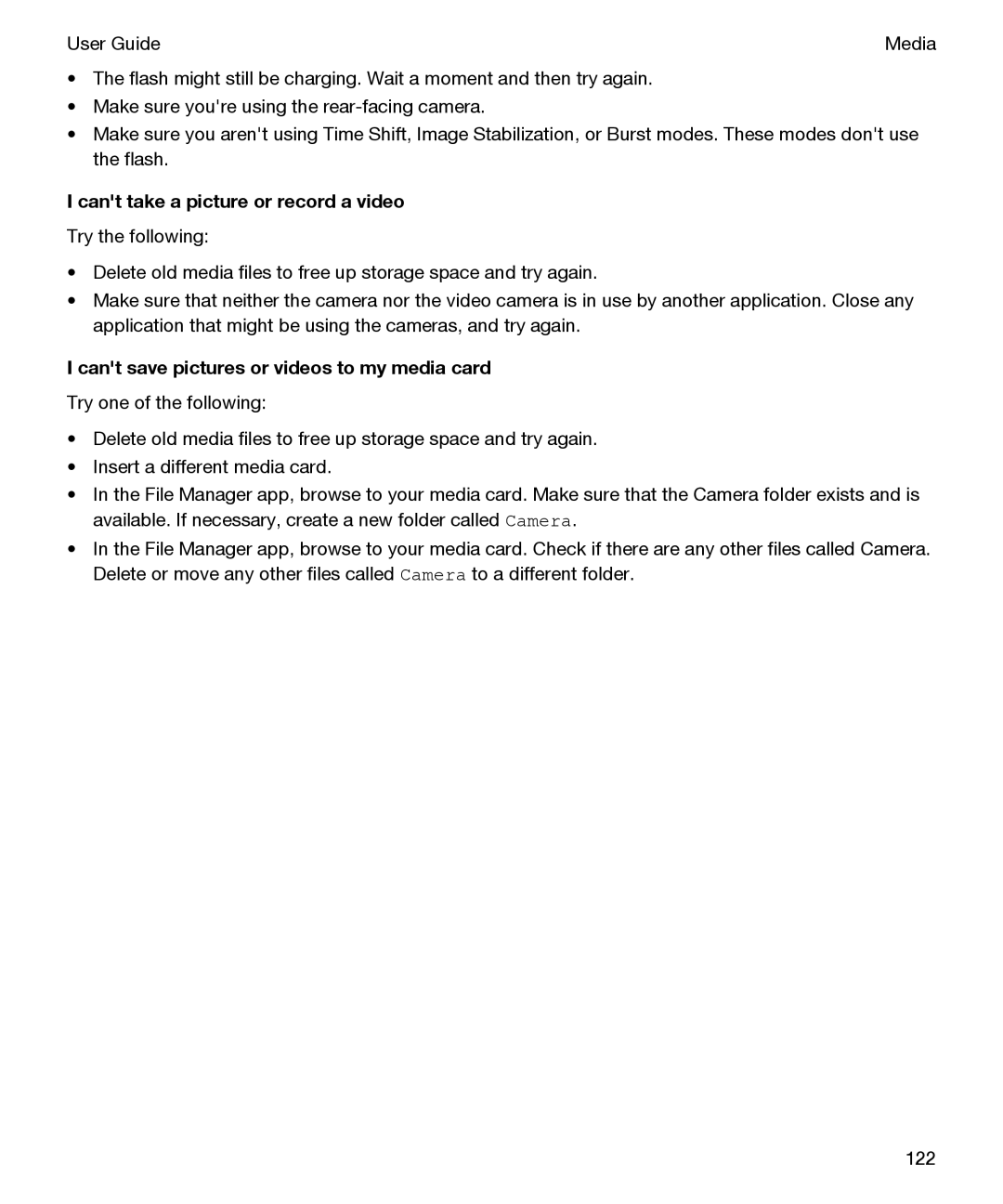 Blackberry P'9982 manual Cant take a picture or record a video, Cant save pictures or videos to my media card 