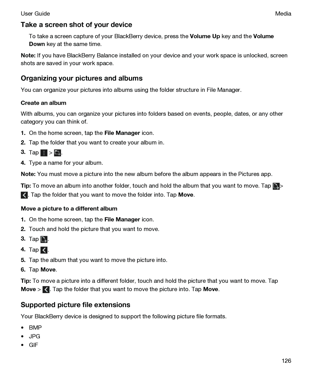 Blackberry P'9982 manual Organizing your pictures and albums, Supported picture file extensions, Create an album 