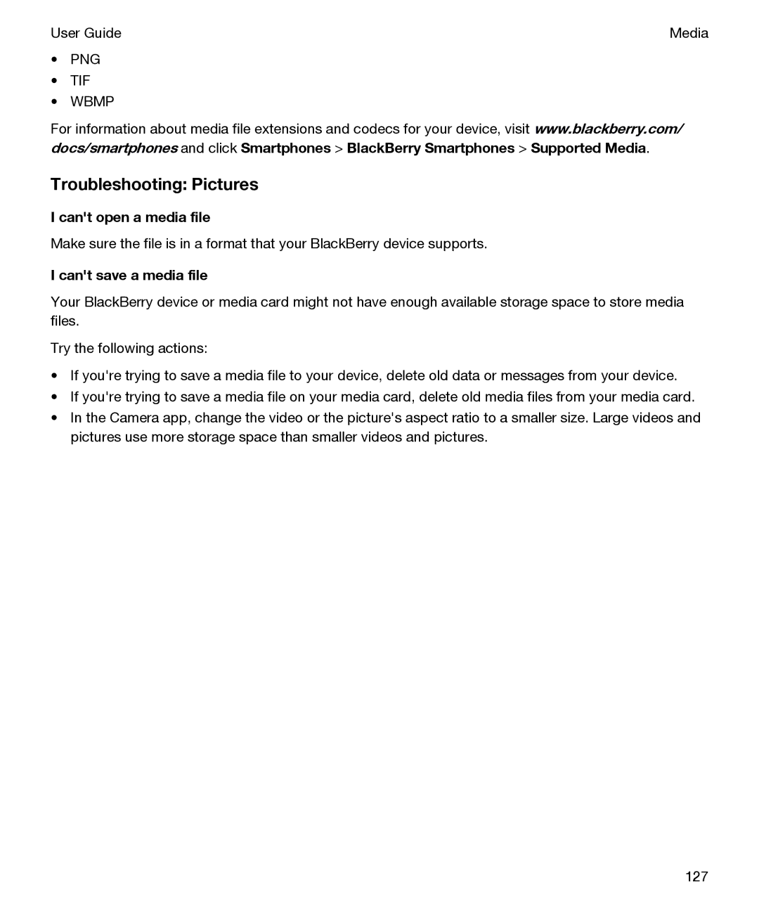 Blackberry P'9982 manual Troubleshooting Pictures, Cant open a media file, Cant save a media file 