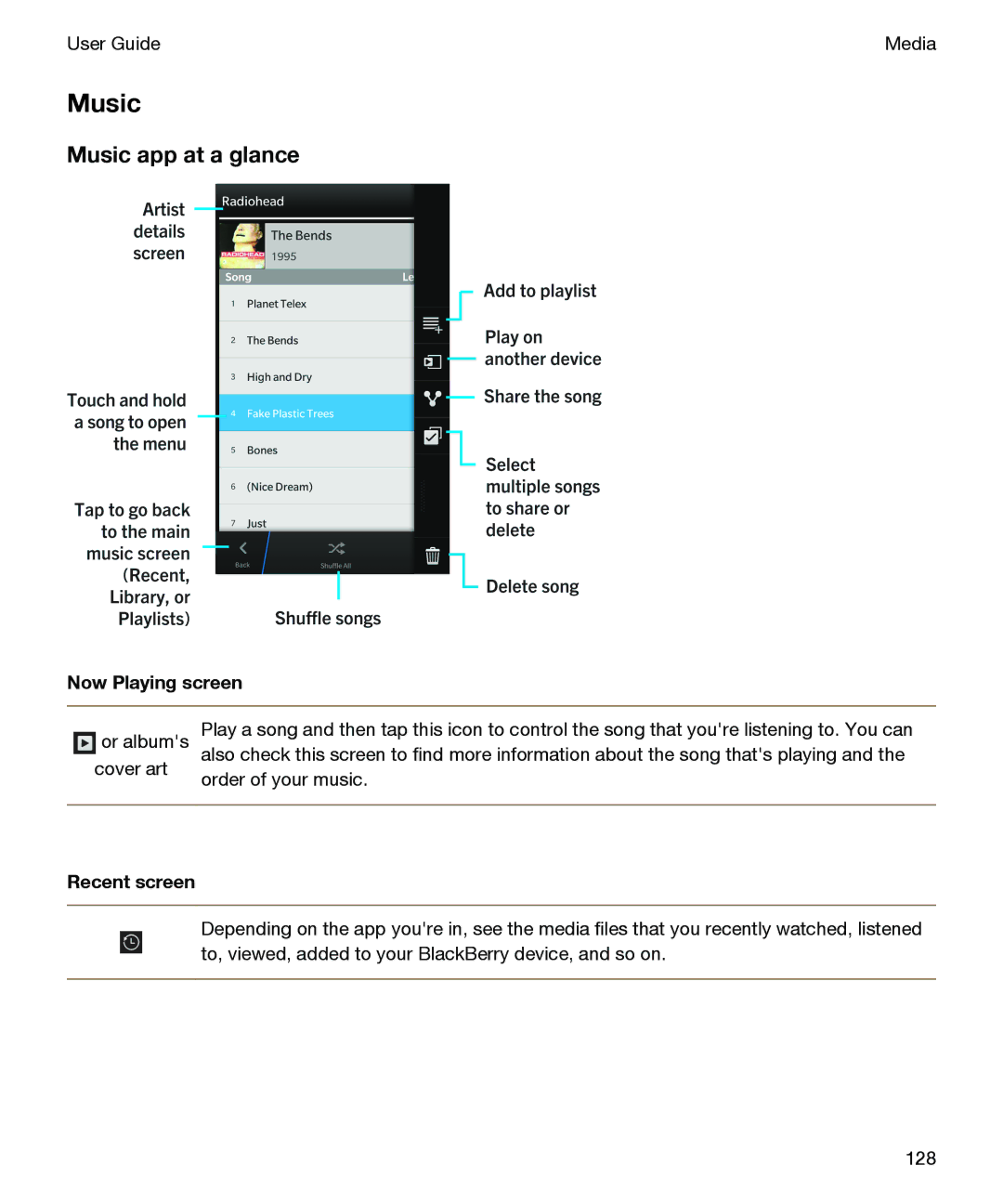 Blackberry P'9982 manual Music app at a glance, Now Playing screen 