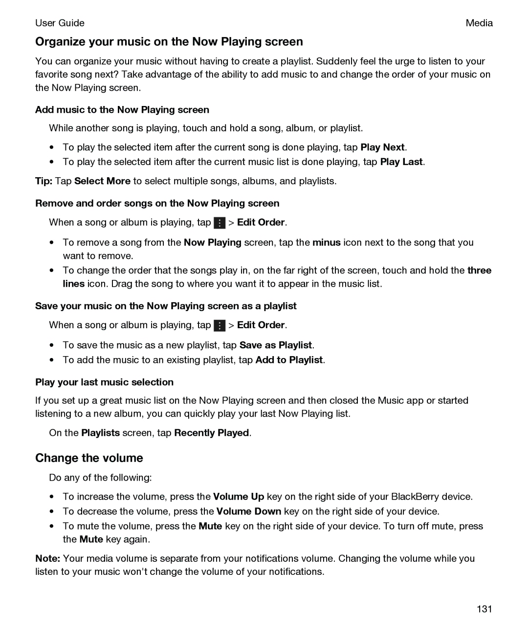 Blackberry P'9982 manual Organize your music on the Now Playing screen, Change the volume 