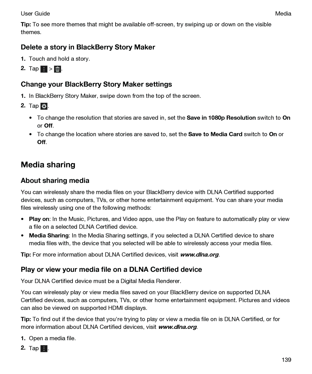 Blackberry P'9982 Media sharing, Delete a story in BlackBerry Story Maker, Change your BlackBerry Story Maker settings 