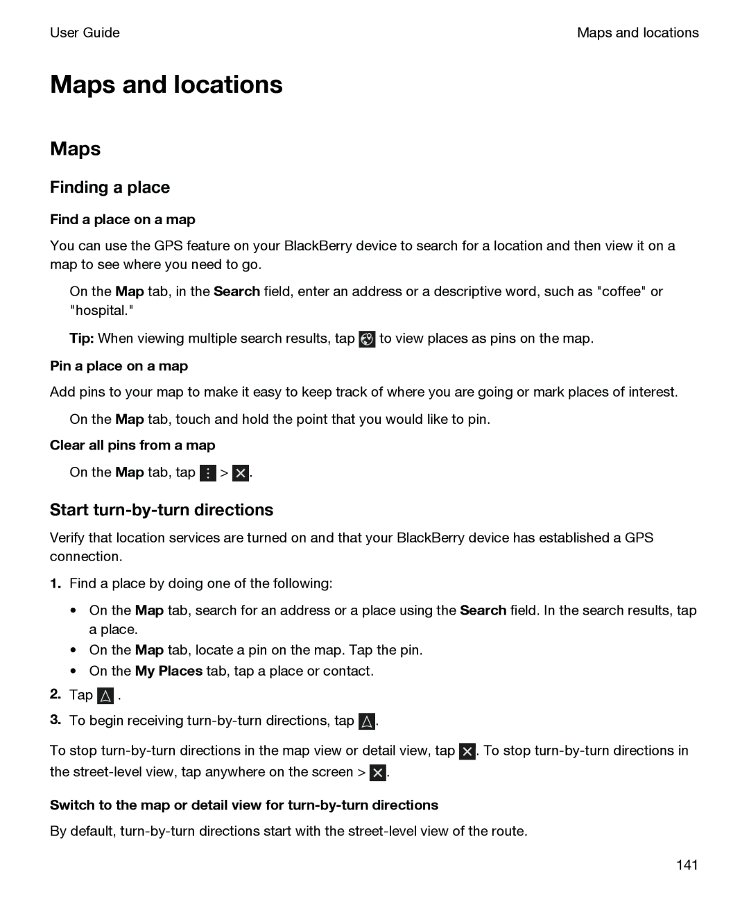 Blackberry P'9982 manual Maps, Finding a place, Start turn-by-turn directions 