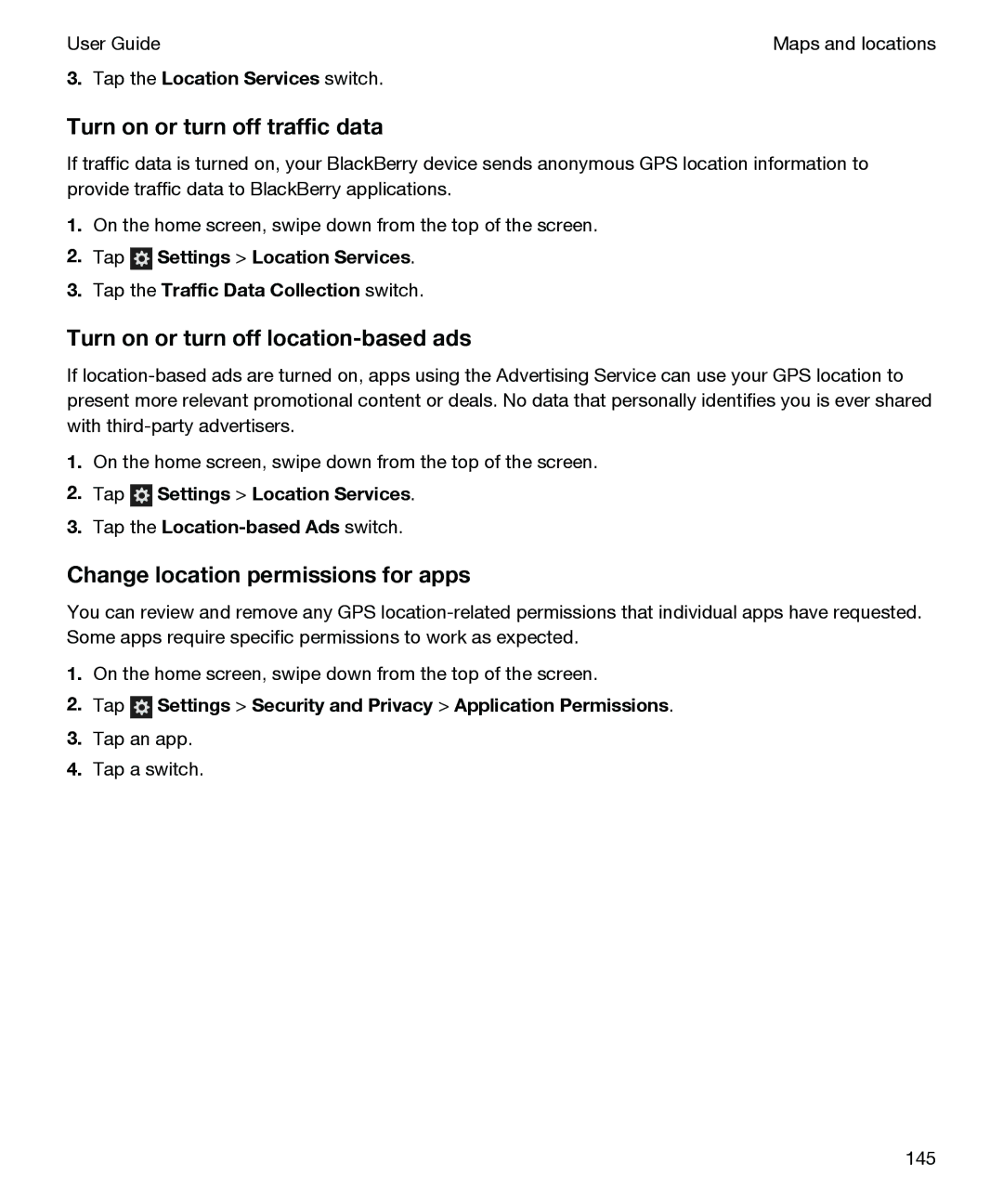 Blackberry P'9982 manual Turn on or turn off traffic data, Turn on or turn off location-based ads 