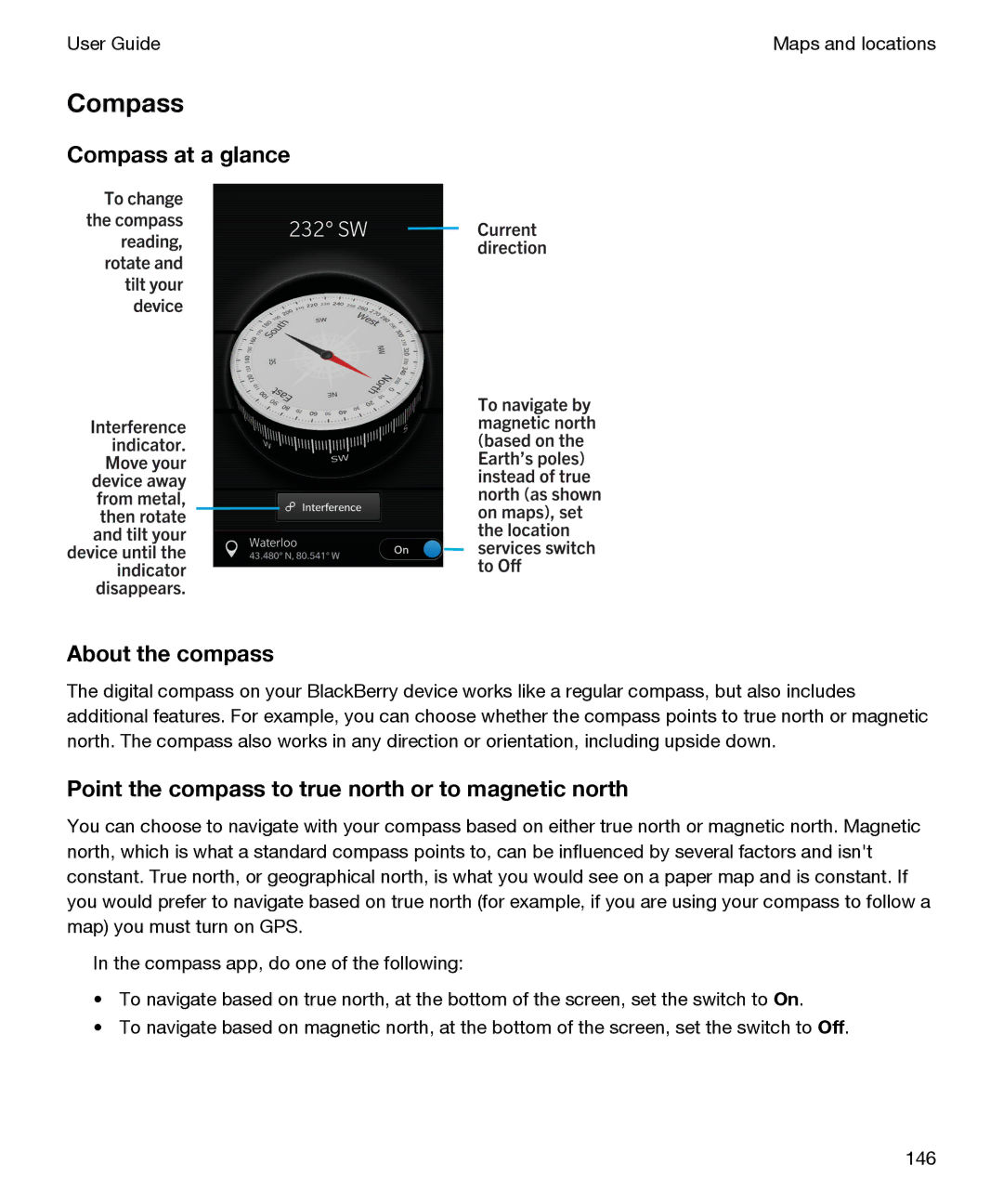 Blackberry P'9982 manual Compass at a glance About the compass, Point the compass to true north or to magnetic north 