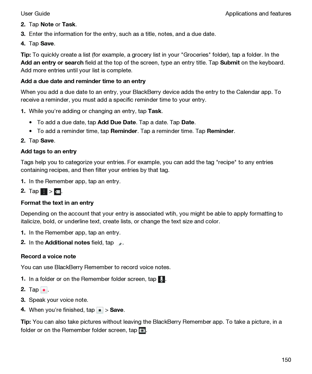 Blackberry P'9982 manual Tap Note or Task, Add a due date and reminder time to an entry, Add tags to an entry 
