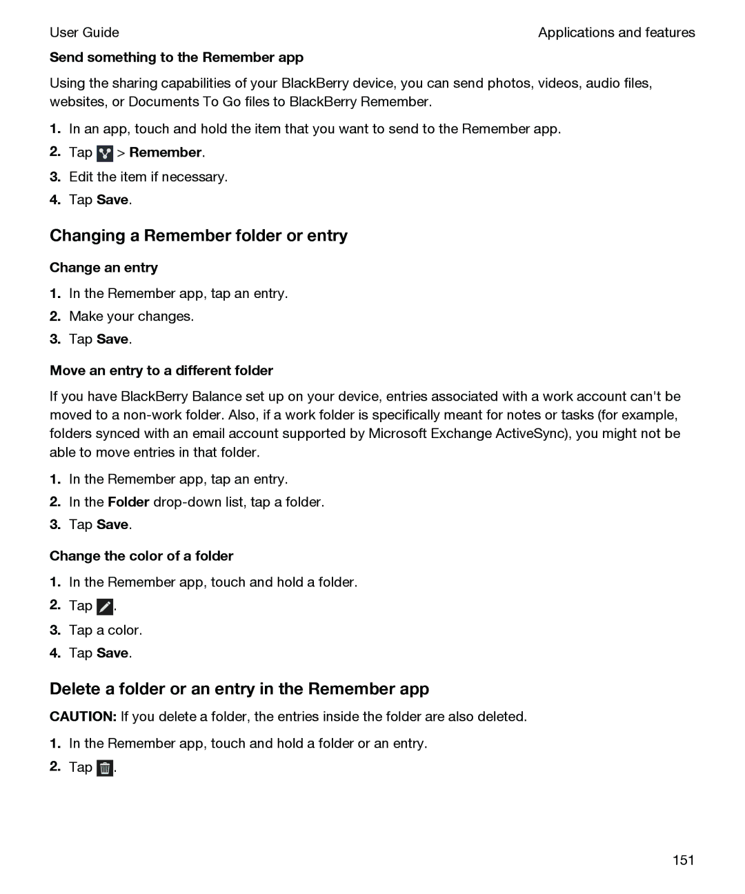 Blackberry P'9982 manual Changing a Remember folder or entry, Delete a folder or an entry in the Remember app 