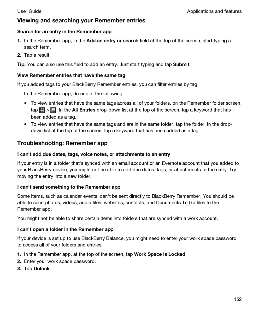 Blackberry P'9982 manual Viewing and searching your Remember entries, Troubleshooting Remember app 