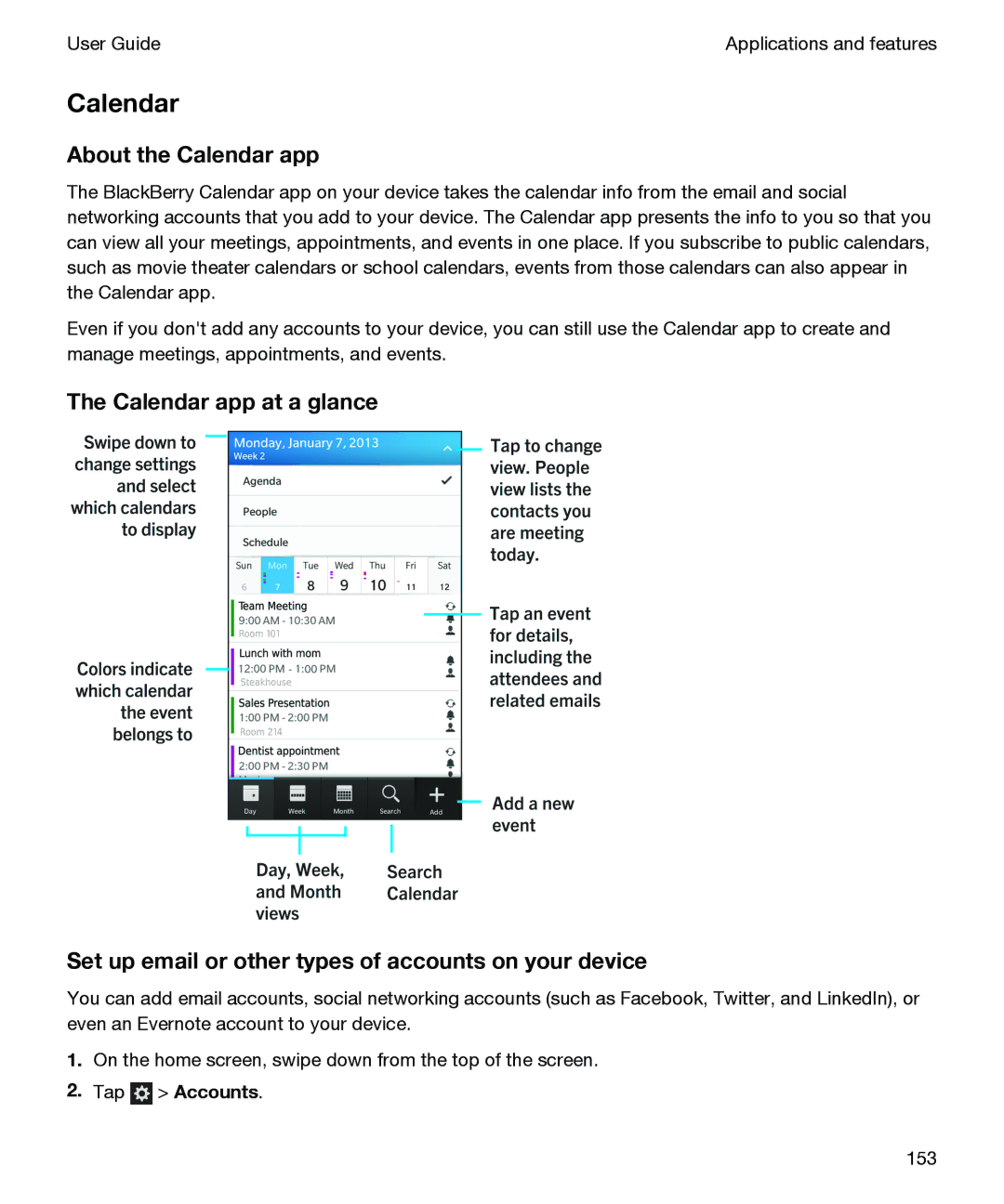 Blackberry P'9982 manual About the Calendar app 