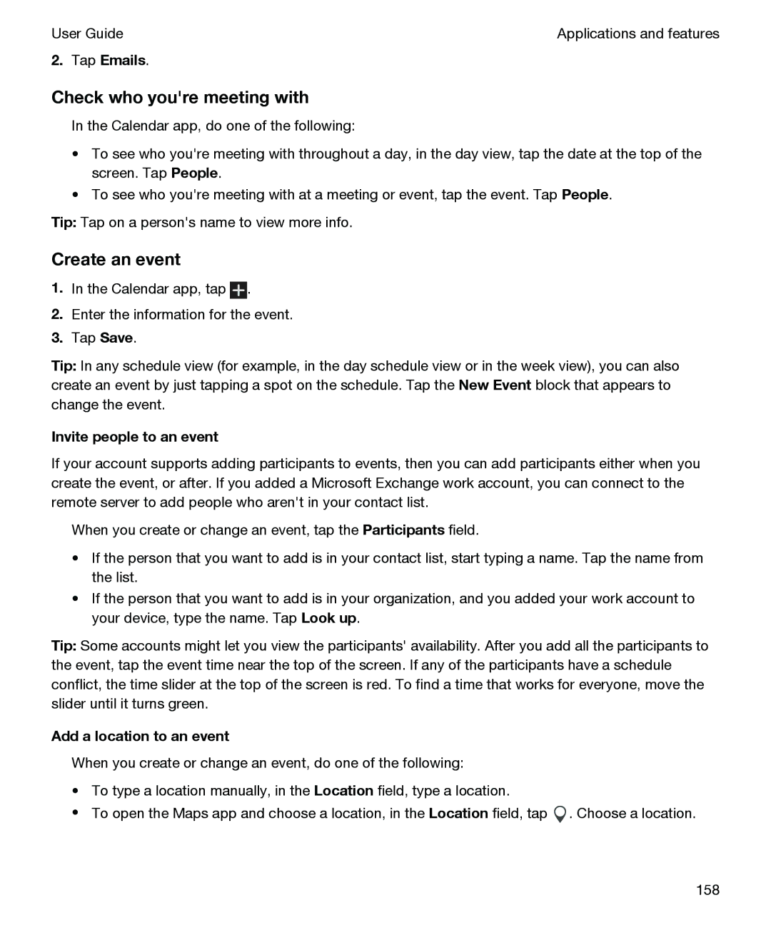 Blackberry P'9982 manual Check who youre meeting with, Create an event, Tap Emails, Invite people to an event 