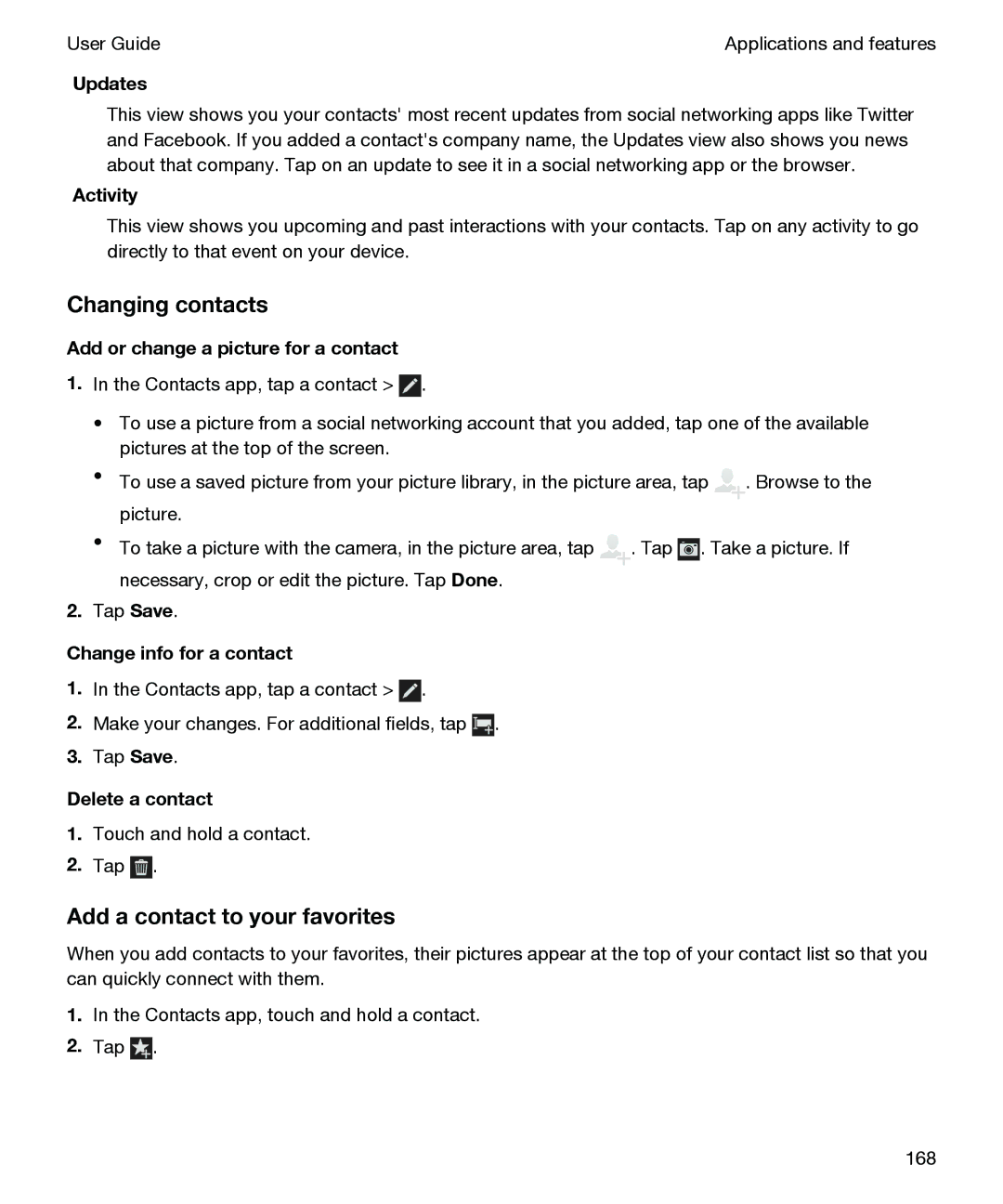 Blackberry P'9982 manual Changing contacts, Add a contact to your favorites 