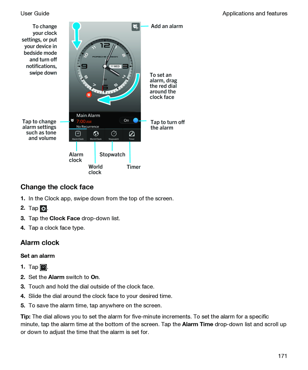 Blackberry P'9982 manual Change the clock face, Alarm clock 