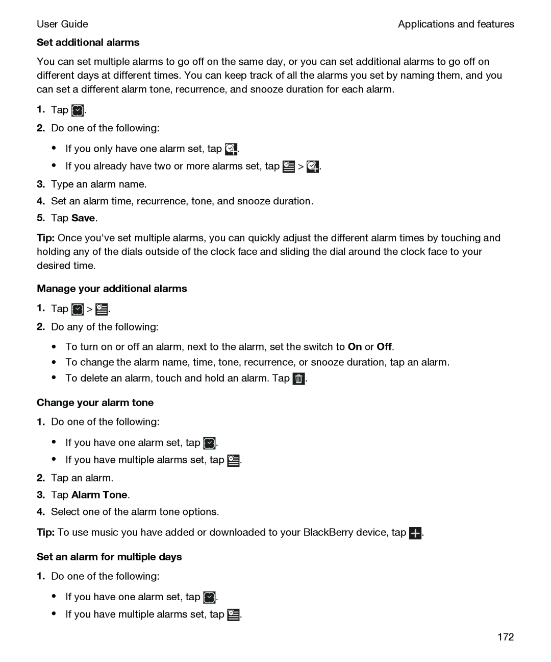 Blackberry P'9982 manual Set additional alarms, Manage your additional alarms, Change your alarm tone, Tap Alarm Tone 