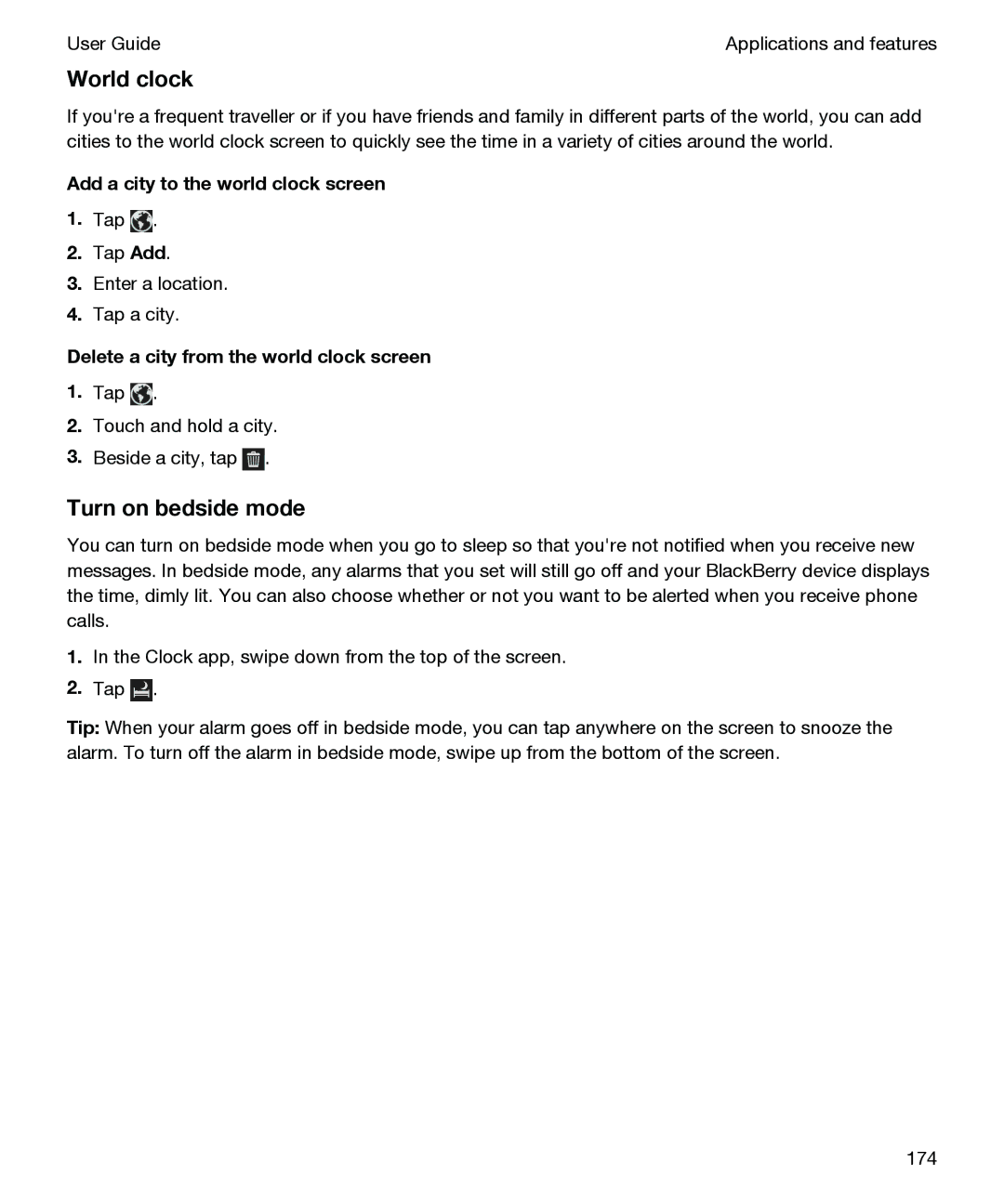 Blackberry P'9982 manual World clock, Turn on bedside mode, Add a city to the world clock screen 