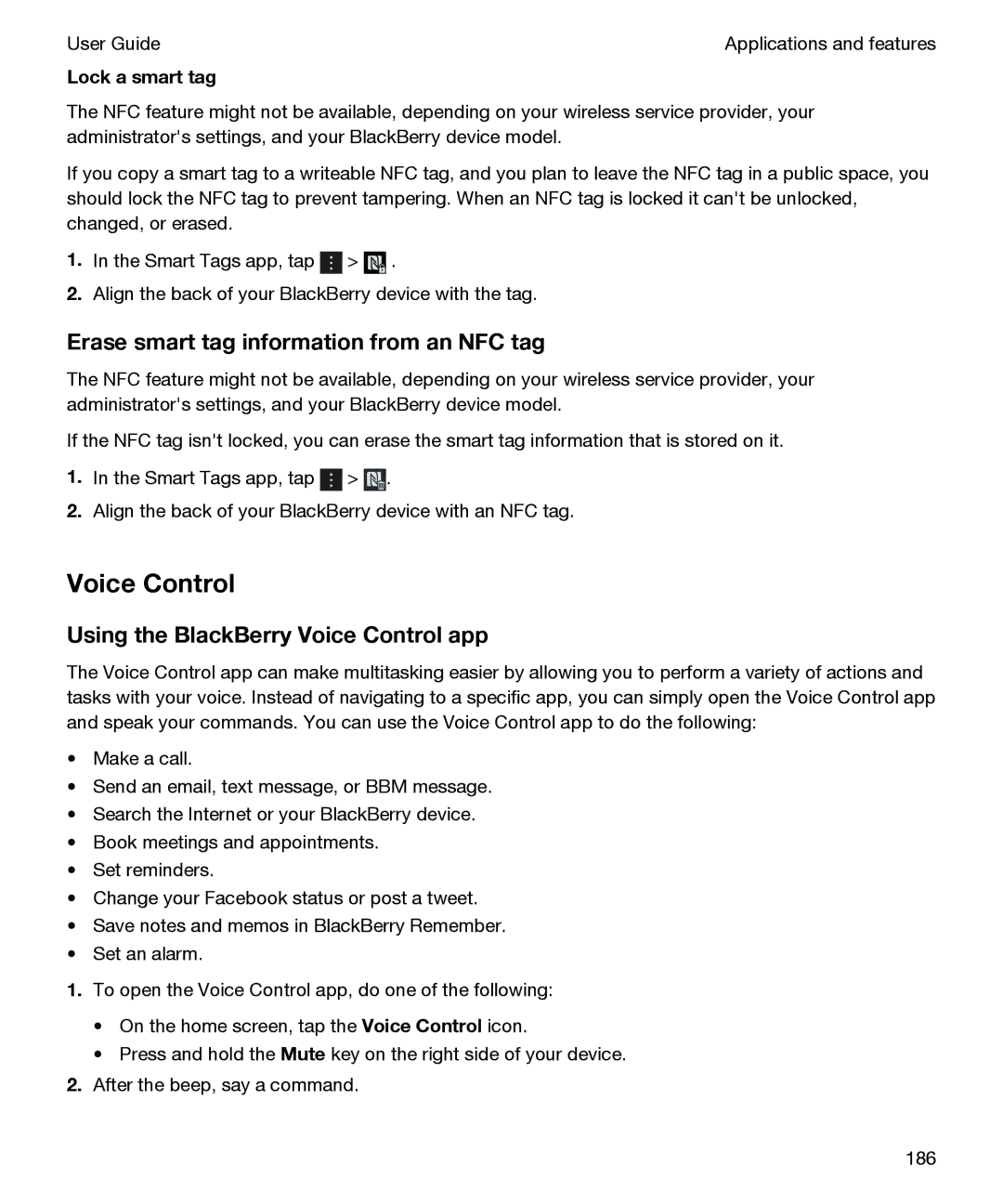 Blackberry P'9982 manual Erase smart tag information from an NFC tag, Using the BlackBerry Voice Control app 