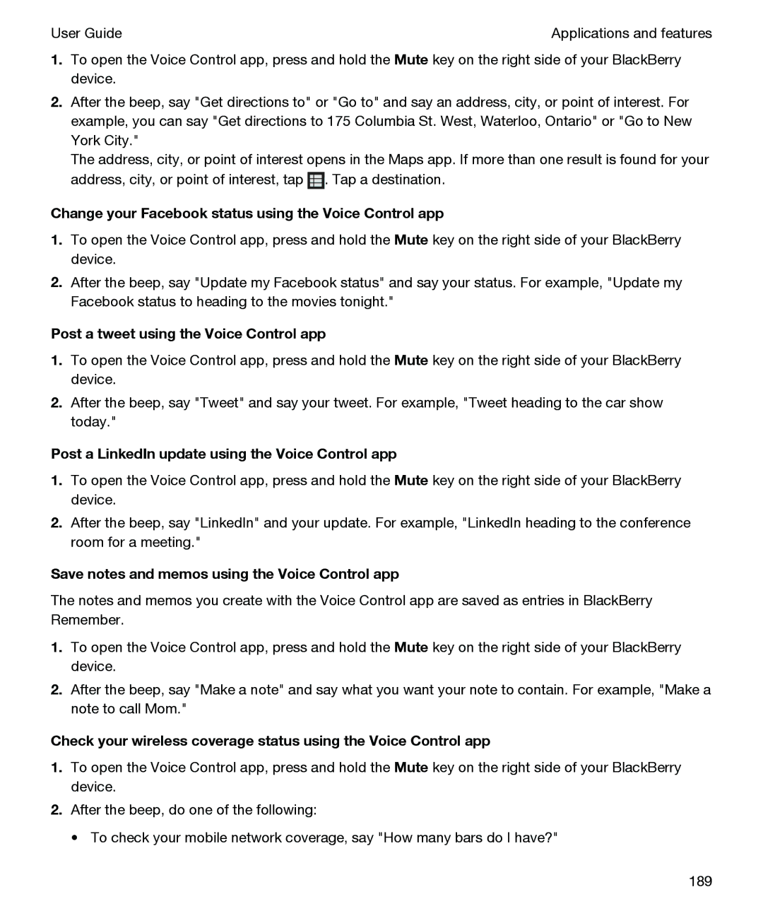 Blackberry P'9982 manual Change your Facebook status using the Voice Control app, Post a tweet using the Voice Control app 