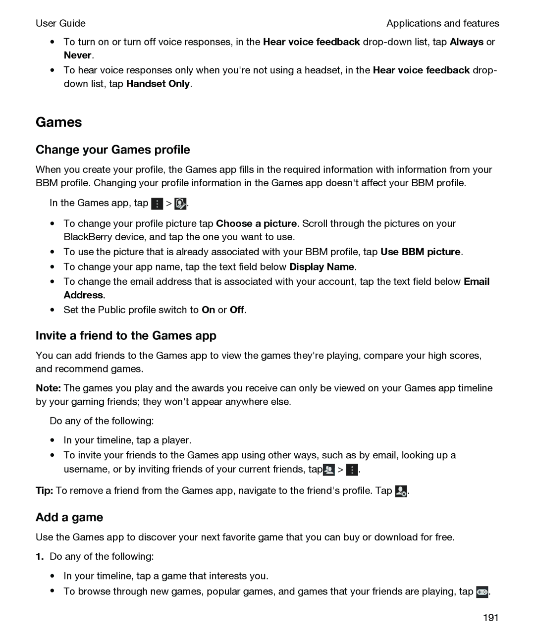 Blackberry P'9982 manual Change your Games profile, Invite a friend to the Games app, Add a game 