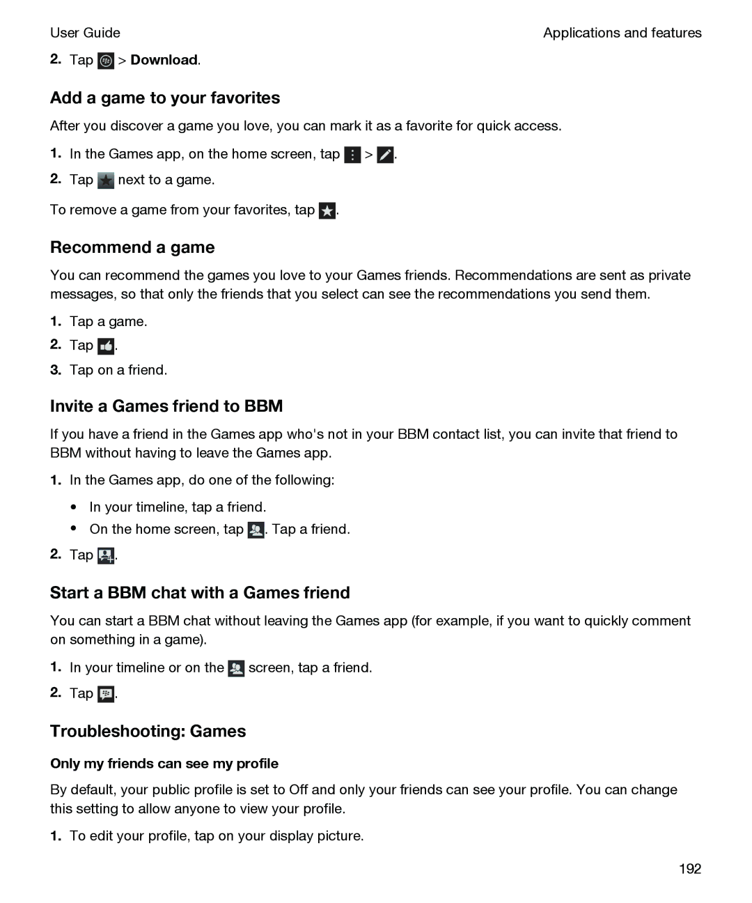 Blackberry P'9982 Add a game to your favorites, Recommend a game, Invite a Games friend to BBM, Troubleshooting Games 