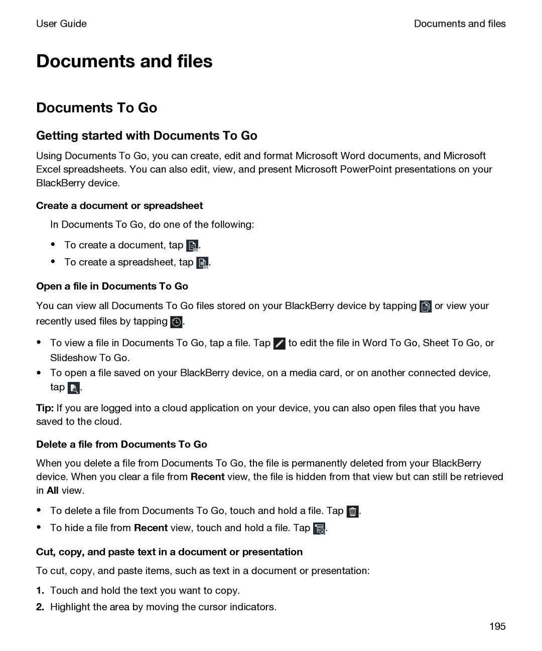 Blackberry P'9982 manual Getting started with Documents To Go 