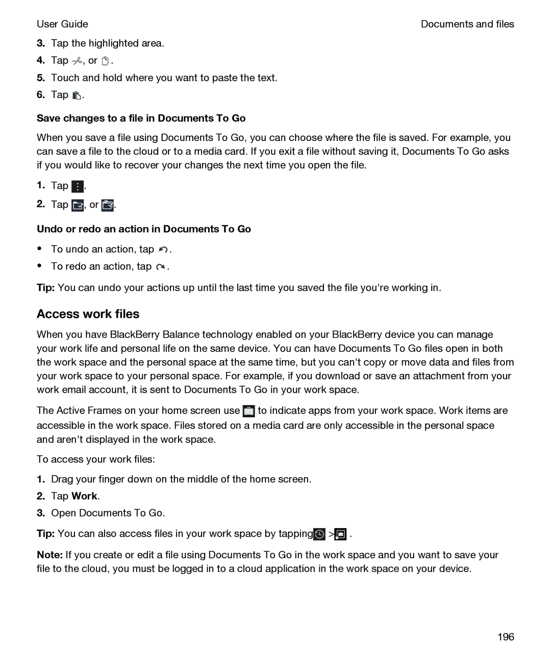 Blackberry P'9982 Access work files, Save changes to a file in Documents To Go, Undo or redo an action in Documents To Go 