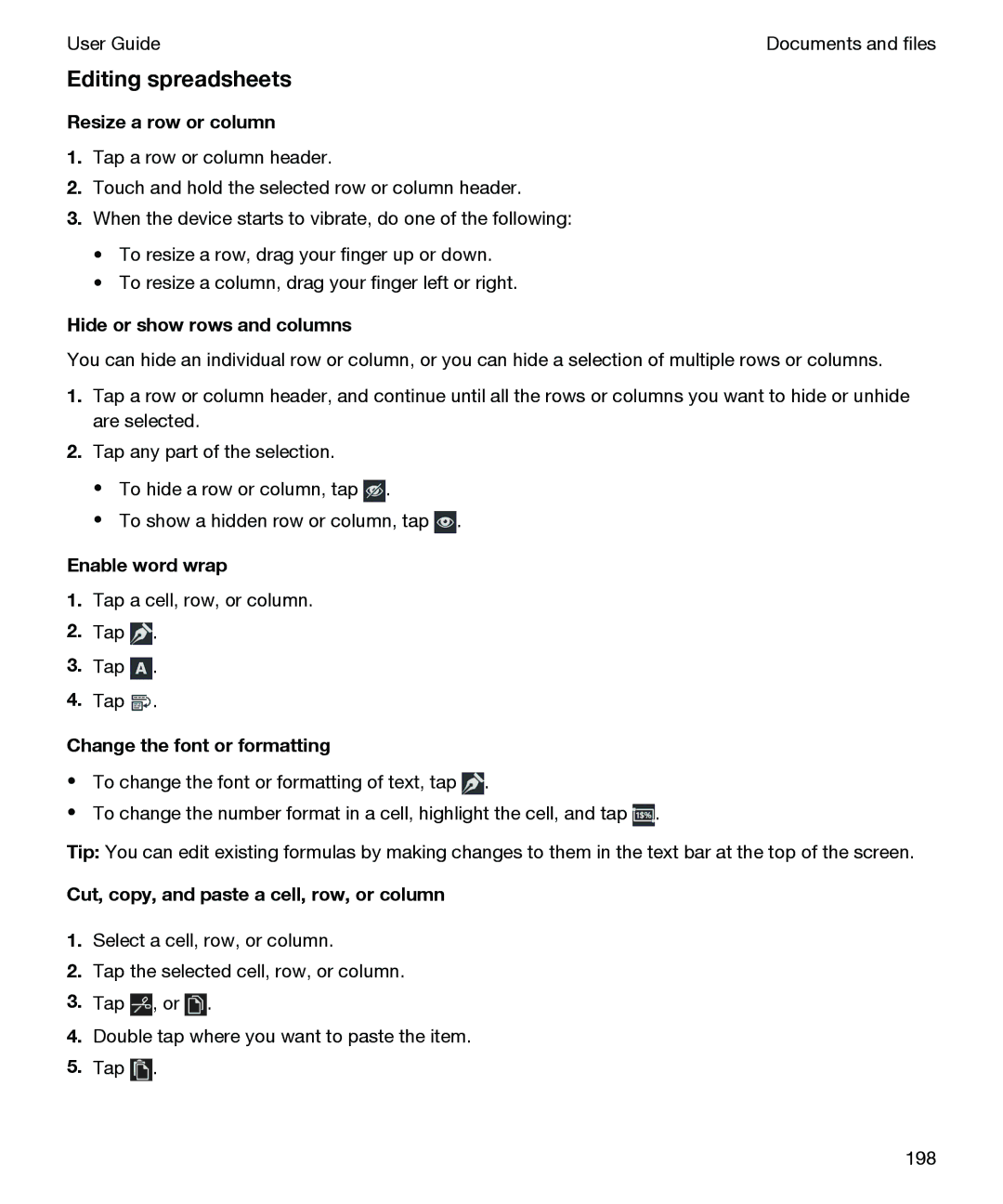 Blackberry P'9982 manual Editing spreadsheets, Resize a row or column, Hide or show rows and columns, Enable word wrap 