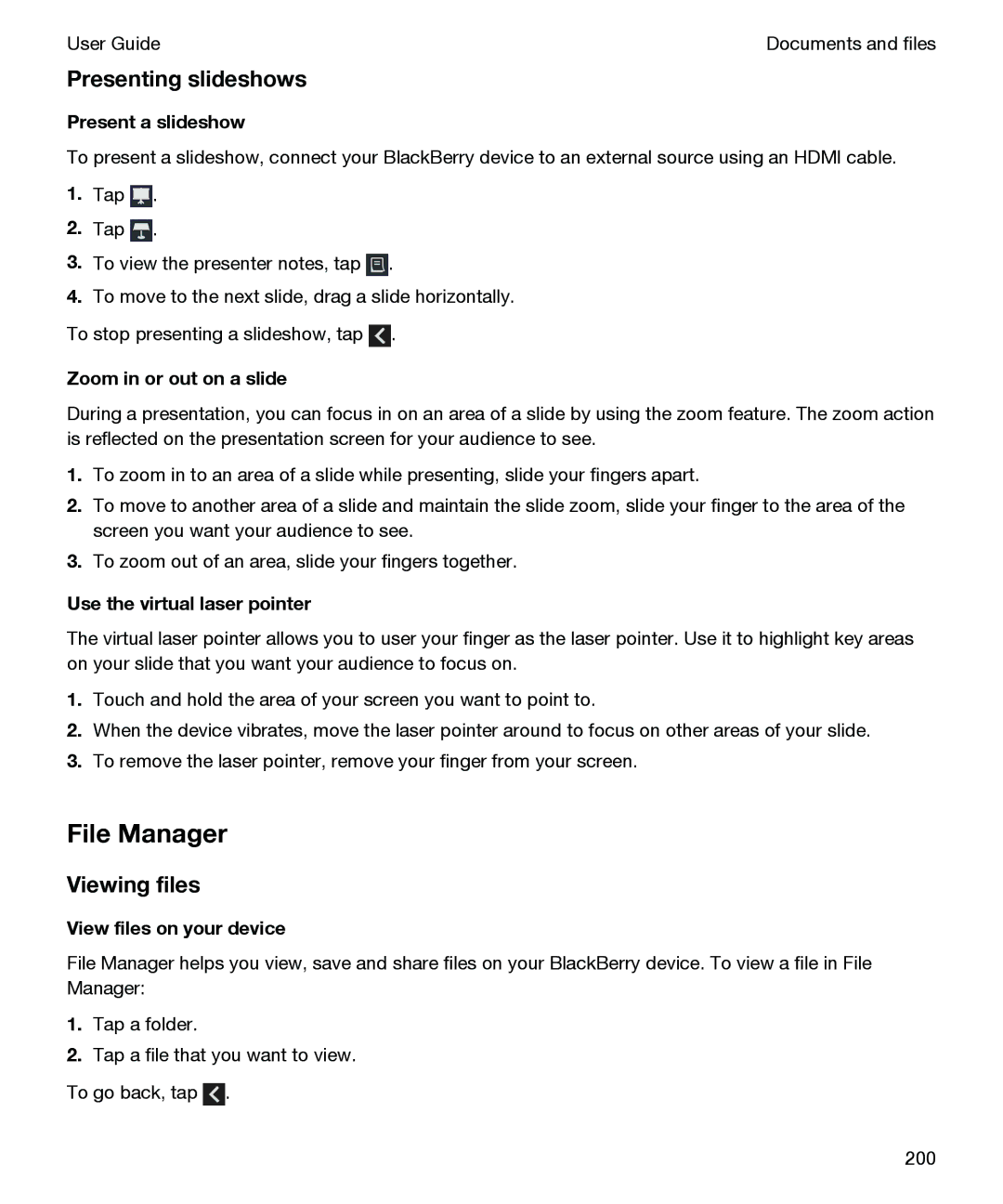 Blackberry P'9982 manual File Manager, Presenting slideshows, Viewing files 