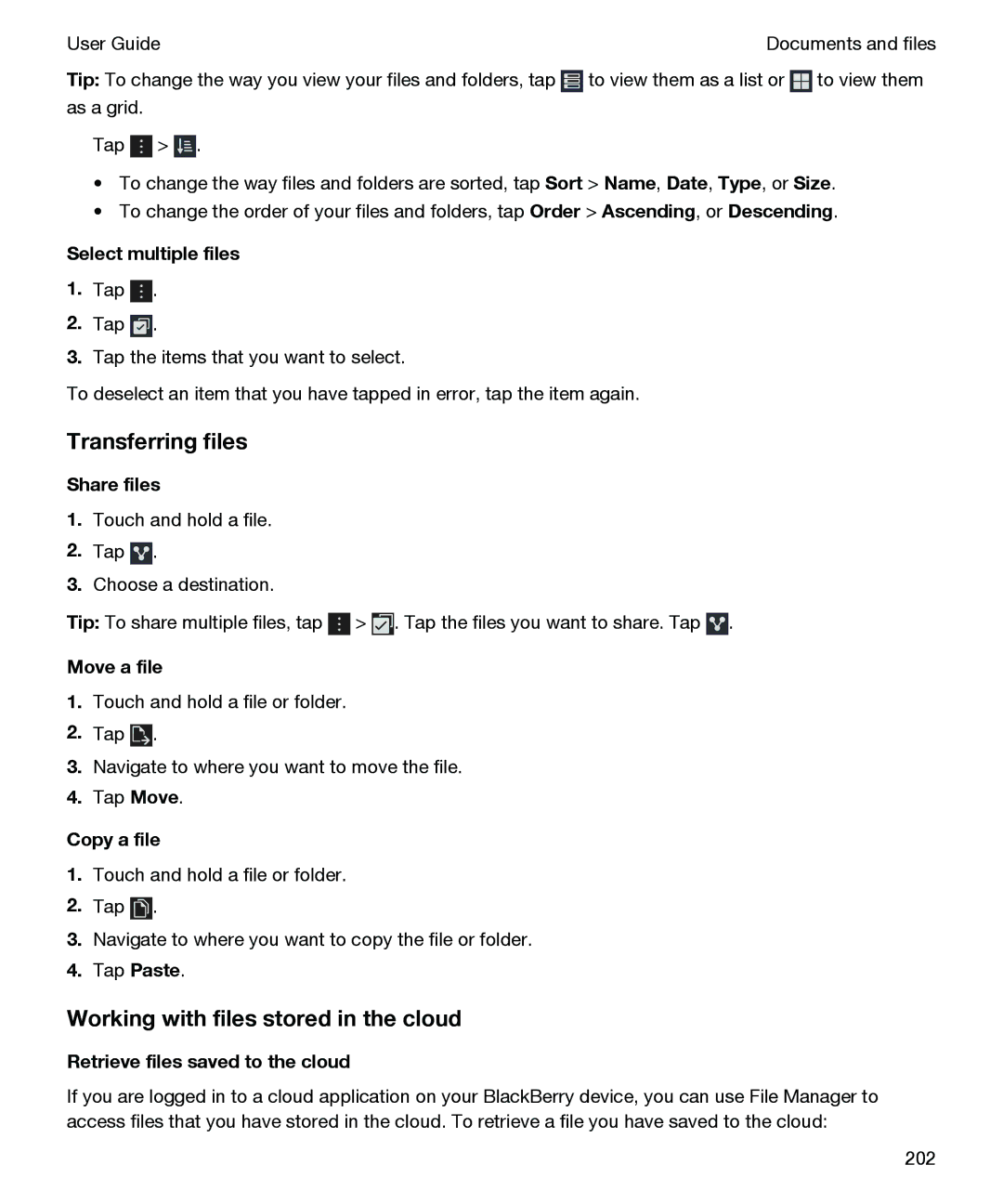 Blackberry P'9982 manual Transferring files, Working with files stored in the cloud 