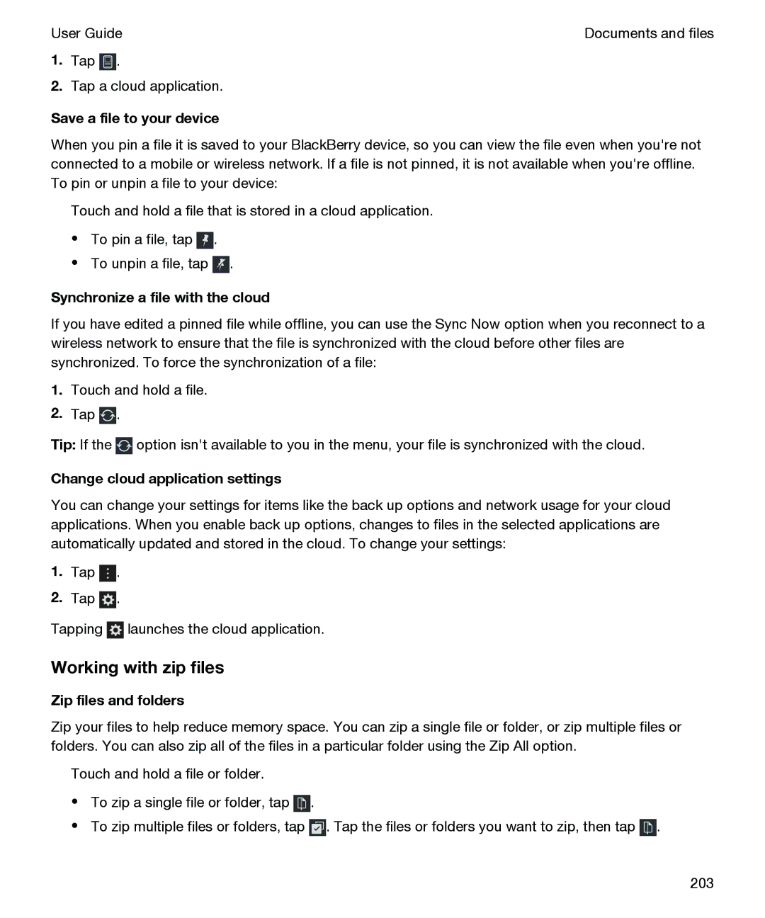 Blackberry P'9982 manual Working with zip files, Save a file to your device, Synchronize a file with the cloud 