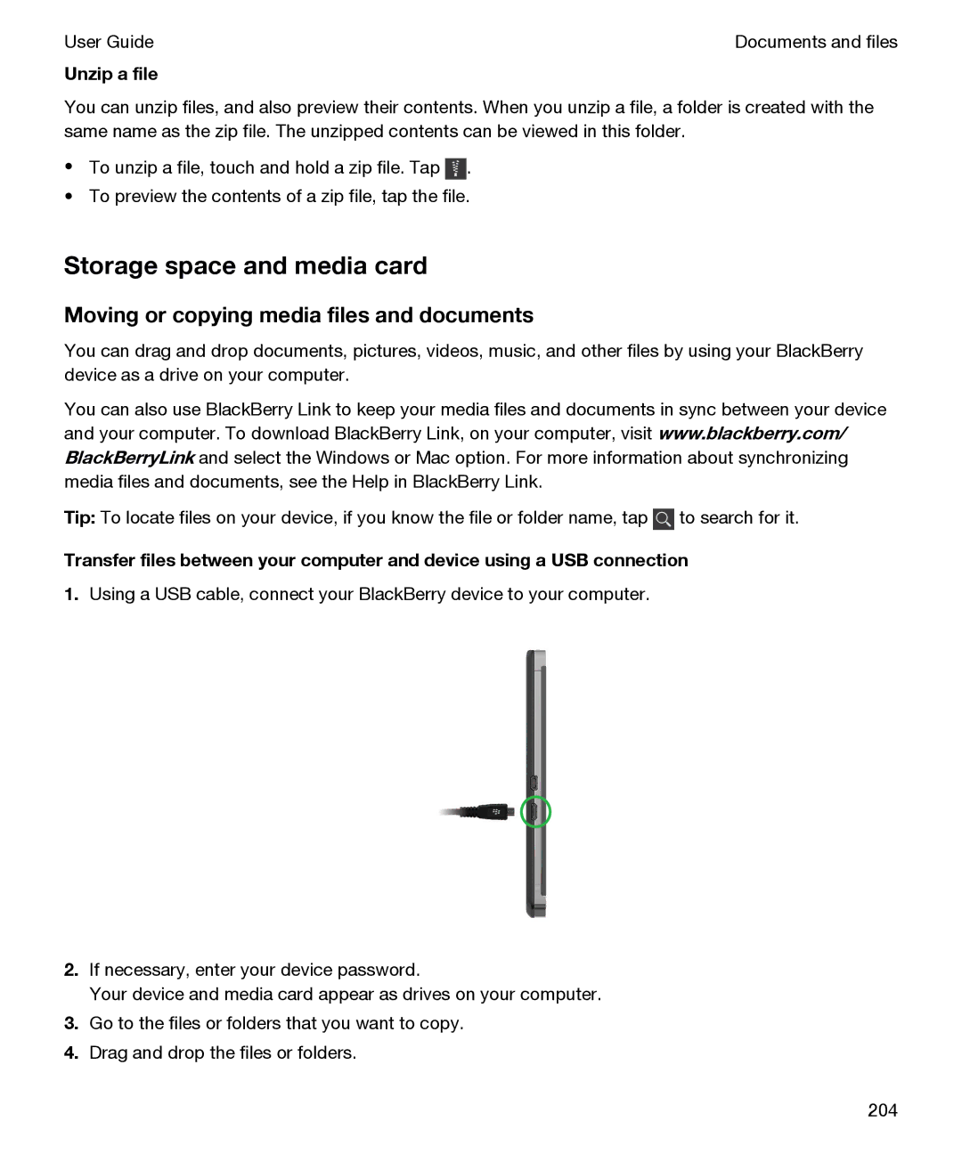 Blackberry P'9982 manual Storage space and media card, Moving or copying media files and documents, Unzip a file 