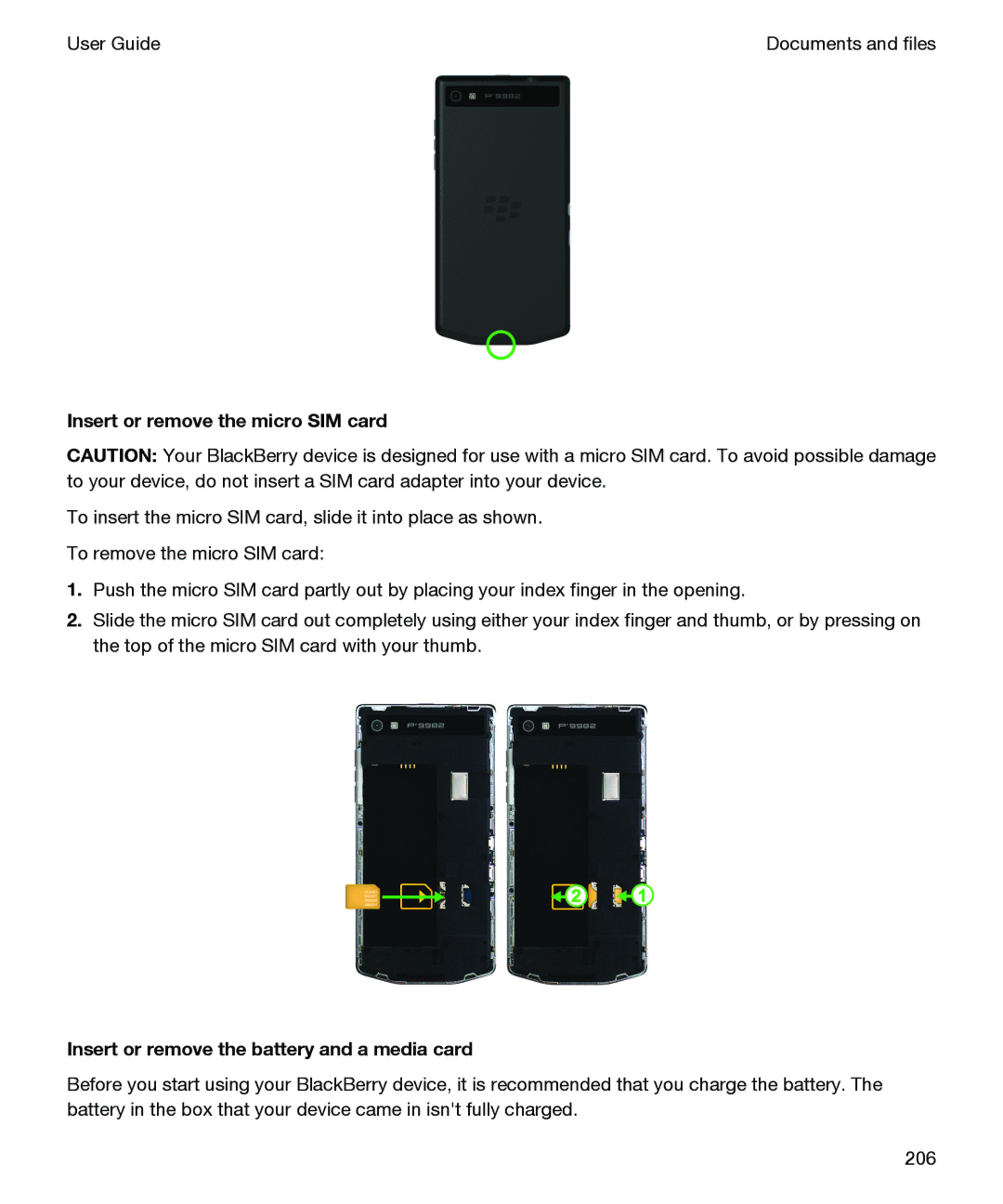 Blackberry P'9982 manual Insert or remove the micro SIM card 